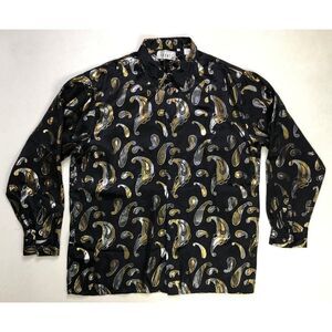 Pronti Collection By Phita Metallic Silk Shirt Men Adult XL Black Gold Paisley